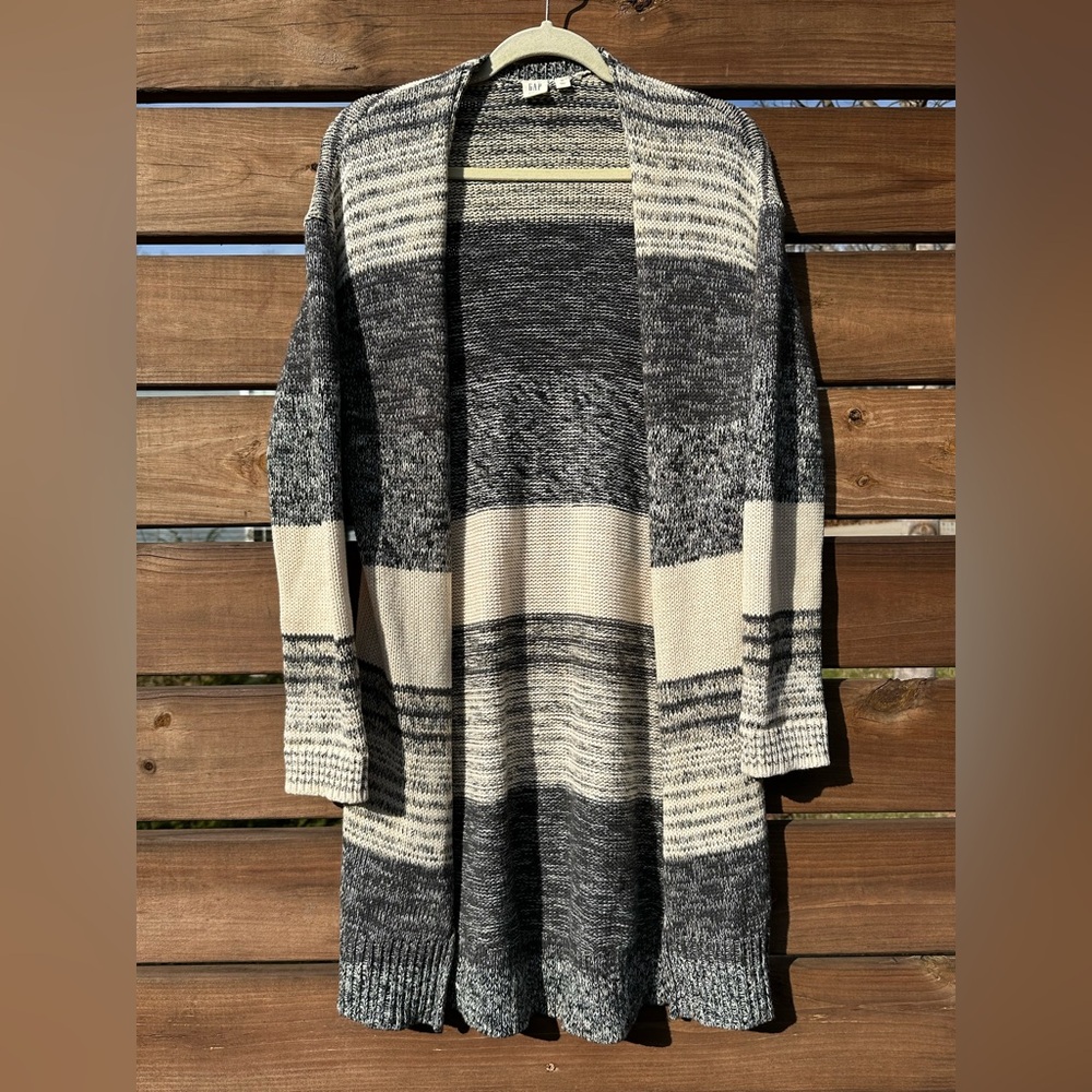 GAP Grey and Cream Striped Open Knit Cardigan